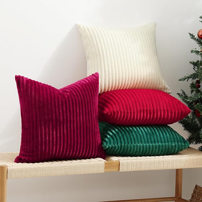 Simmore Decorative Fall Throw Pillow Covers 18x18 Set of 2, Soft Natural Plush Flannel Double-Sided Fluffy Couch Pillow Covers for Sofa Living Room, Burgundy