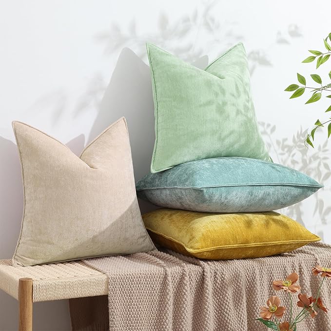 decorUhome Couch Throw Pillow Covers 12x20 Set of 2, Decorative Soft Euro Neutral Chenille Lumbar Pillow Covers with Elegant Design for Sofa Bed Living Room Home Decor, Beige