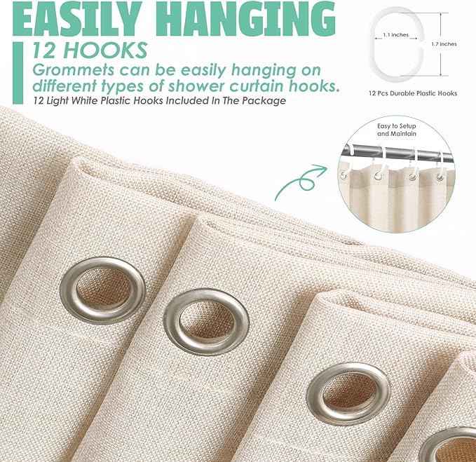 Extra Long Natural Linen Textured Shower Curtain Set with Hooks, Beige Boho Farmhouse Bath Shower Curtains for Bathroom Neutral Cloth, Hotel Luxury, Weighted, 72W x 96L, Cream
