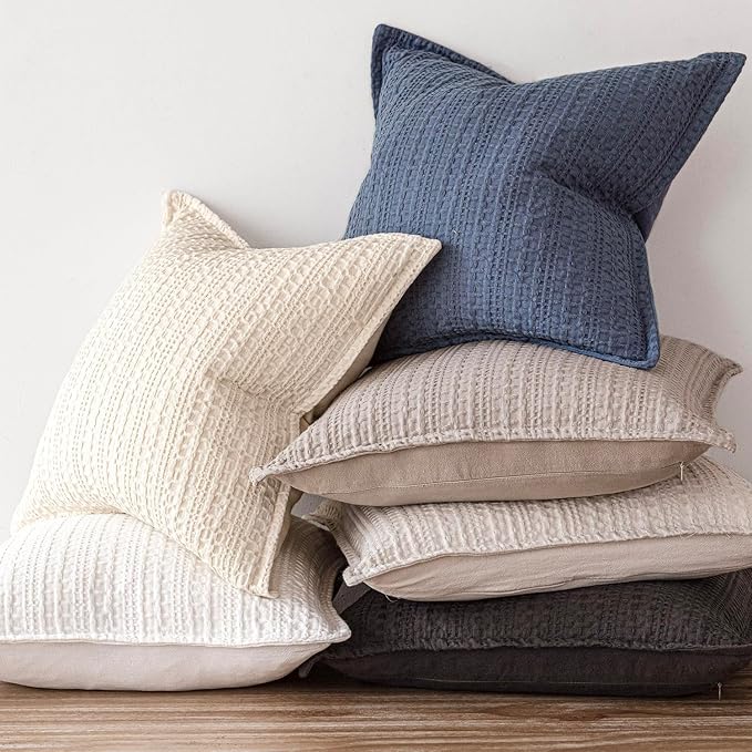 Foindtower Set of 2 Decorative Cotton Waffle Weave Throw Pillow Covers Euro Shams Cushion Covers Accent European Pillowcase for Bed Couch Sofa Bedroom Living Room Home Decor 18×18 Inch Natural Beige