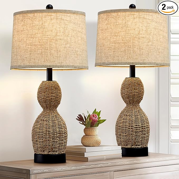 26.5" Rattan Table Lamp Boho Table Lamps Set of 2 for Living Room, Bedside Lamps for Nightstand, Rattan Lamp for Bedroom, Farmhouse Table Lamps for Boho Decor, End Table