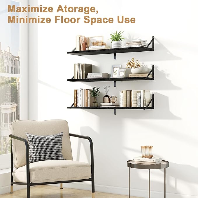 Fun Memories Floating Shelves for Wall, 36 Inches Long Set of 3 Wall Shelves for Bedroom, Floating Bookshelves with Metal Brackets for Living Room, Kitchen, Bedroom and Laundry Room (Black)