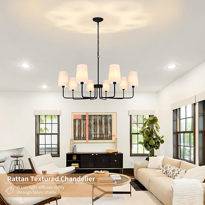 8-Lights 39" Black Boho Rattan Chandelier Rustic Industrial Pendant Light Large Adjustable Pendant Lighting Fixtures for Kitchen Island Dining Room Living Room