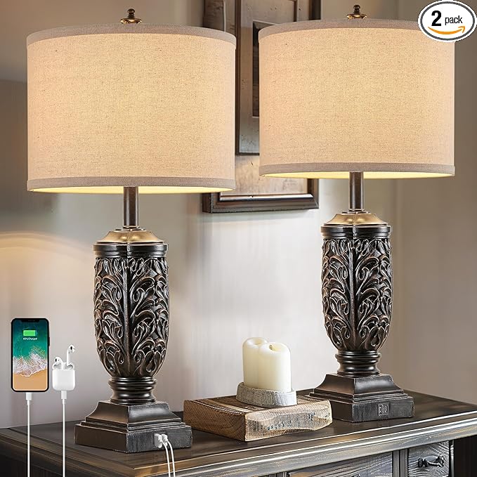 28.5” Vintage Farmhouse USB A+C Table Lamps Set of 2 for Living Room Bedroom Tall Rustic Bedside Nightstand Lamp Retro Traditional End Table Lamps for Entryway Home Office Decor Antique Black Accent