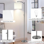 Dimmable Floor Lamp, Arc Floor Lamps for Living Room, Stepless Dimming Modern Standing Lamp with Linen Shade, Tall Lamp for Bedroom Office Dining Room- Grey
