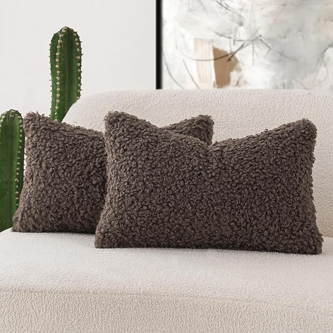 Foindtower Set of 2 Curly Teddy Wool Pillow Covers Decorative Boucle Textured Lumbar Throw Pillow Faux Fur Pillowcases Sheepskin Cushion Case for Sofa Bedroom Car 12"x20" Chocolate