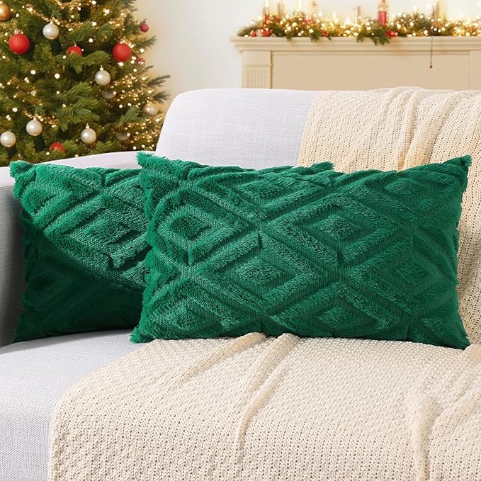 decorUhome Christmas Couch Throw Pillow Covers 12x20 Set of 2, Decorative Soft Plush Faux Wool Lumbar Neutral Accent Pillow Covers for Bed Sofa Living Room, Green