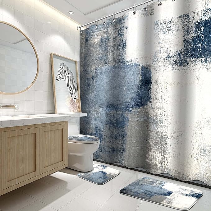 4Pcs Grey Bathroom Shower Curtain Sets with Rugs, Blue and Grey Abstract Painting Gray Retro Bathroom Sets with Shower Curtain and Rugs and Accessories