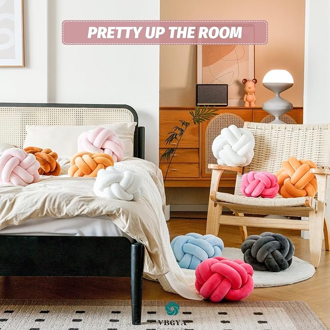Knot Pillow Ball, Soft Decorative Throw Pillows, 11 Inch Round Plush Knotted Cushion Light Pink, Modern Home Decor for Bedroom, Sofa, Couch