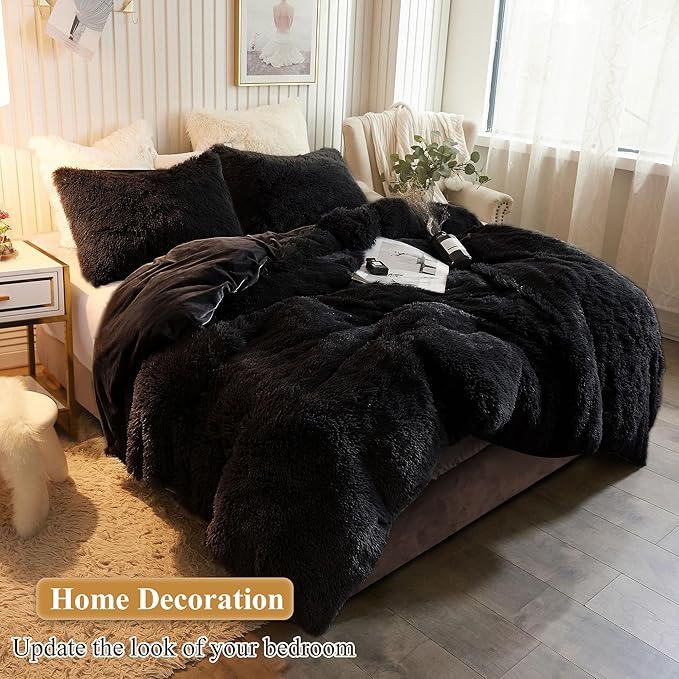 XeGe Faux Fur Throw Pillow Cases, Plush Shaggy Ultra Soft Pillow Covers, Fluffy Crystal Velvet Decorative Pillowcases, Furry Fuzzy Pillow Shams Zipper Closure, Set of 2(King, Black)