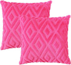 Pallene Hot Pink Throw Pillow Covers 16x16 Set of 2, Soft Plush Faux Fur Decorative Couch Pillow Covers for Sofa Bed Living Room Pillow Cases with 3D Diamond Pattern