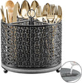 360° Rotating Utensil Holder Caddy - Fast-Drying Silverware Flatware Organizer - 4 Compartment Large Cutlery Holder with Handle For Kitchen Countertop Party Office Picnic Table Black