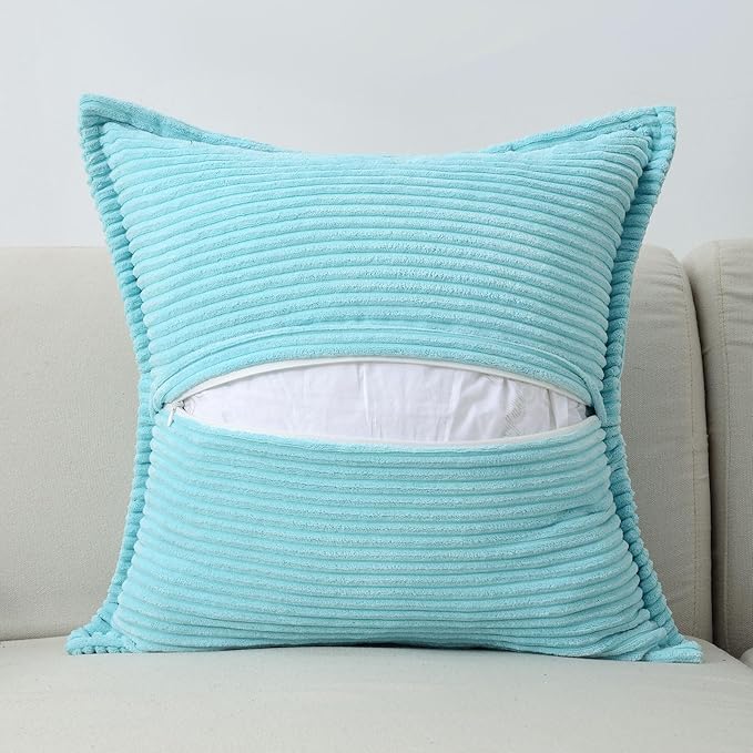 HAUSSY Light Blue Decorative Throw Pillow Covers 24x24 Inch Set of 2,Soft Solid Corduroy Striped Cushion Case,Square Euro Pillow Shams,Winter Home Decorations for Couch,Bed