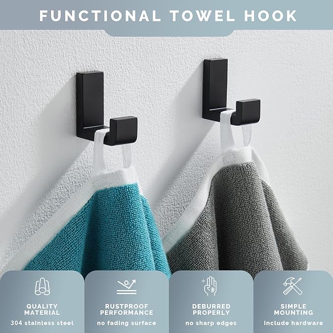 Angle Simple Towel Hook Matte Black 2 Pack, 304 Stainless Steel Bathroom Coat Robe Hook for Wall