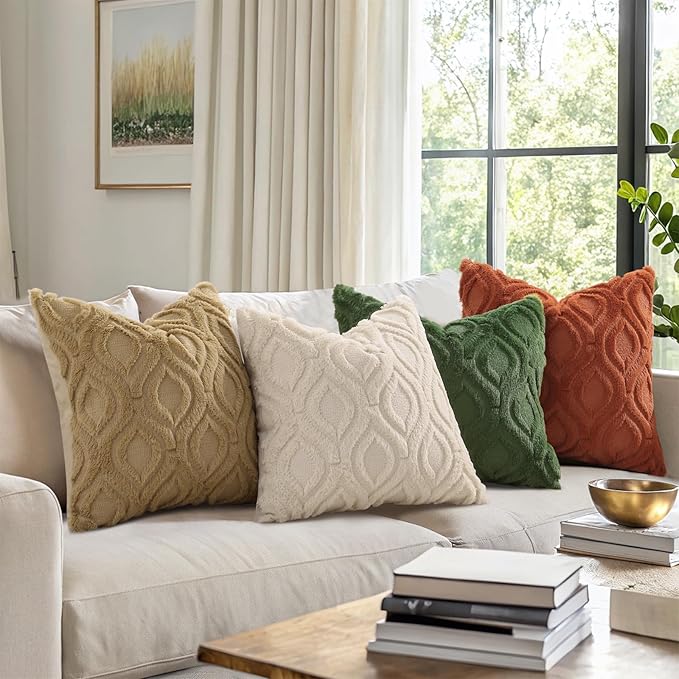 decorUhome Fall Throw Pillow Covers 18x18 Inch Set of 2, Soft Plush Decorative Faux Fur Beige Solid Couch Pillow Covers, Accent Farmhouse Neutral Square Euro Pillow Cases for Sofa Bed Living Room