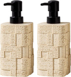 Soap Dispensers 400mL 13.5 OZ, 2 PCS Luxurious Hand Dish Lotion Shampoo Soap Dispenser Jar, Travertine Stone Look Soap Pump Bottles for Kitchen Bathroom Countertop (Yellow)