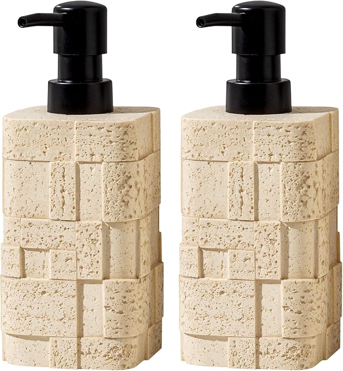 Soap Dispensers 400mL 13.5 OZ, 2 PCS Luxurious Hand Dish Lotion Shampoo Soap Dispenser Jar, Travertine Stone Look Soap Pump Bottles for Kitchen Bathroom Countertop (Yellow)