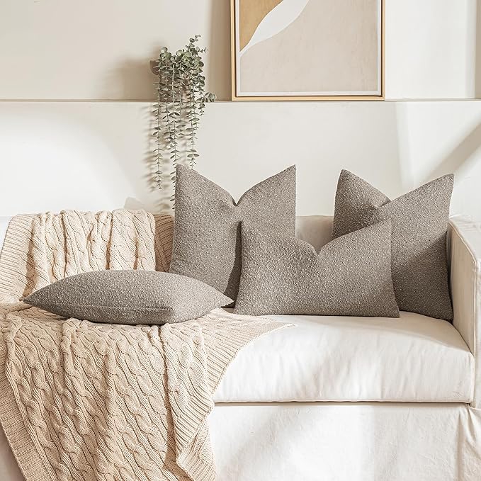 MIULEE Textured Boucle Throw Pillow Cover Light Brown Accent Solid Eruo Sham Pillow Case Decorative Soft Pack of 1 Couch Cushion Chair Sofa Bedroom Livingroom Home Decor,24x24 Inch