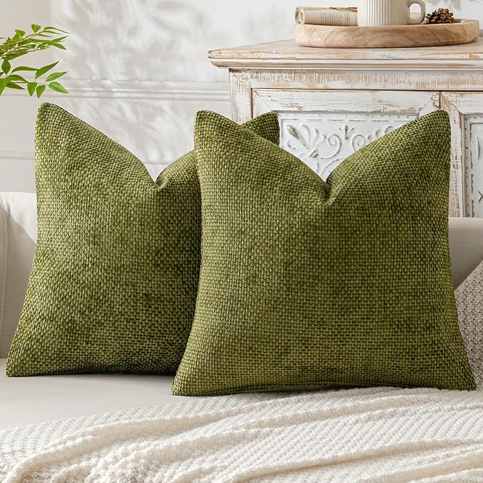 MIULEE Pack of 2 Couch Throw Pillow Covers 18x18 Inch Olive Green Modern Boho Accent Decorative Pillow Covers Soft Chenille Farmhouse Cushion Covers for Home Decor Bed Sofa Living Room