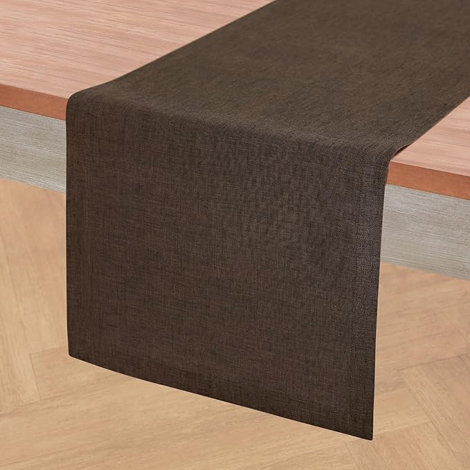 Solino Home Linen Chambray Brown Table Runner 156 Inches Long - Athena, 100% Pure Linen Dining Table Runner 14 x 156 Inch for Fall, Autumn, Thanksgiving - Handcrafted and Machine Washable