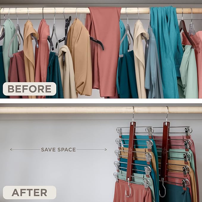 MORALVE Skirt Hangers Space Saving with Clips - 2 Pack - European Beechwood 5-Tier Hanger for Shorts, Skirts, and Pants - Closet Organizer and Storage Solution for Women with 360° Swivel Hook