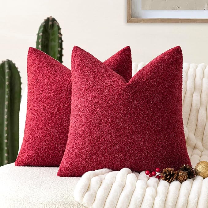 Foindtower Pack of 2, Curly Faux Fur Decorative Throw Pillow Covers Soft Neutral Plush Cushion Case Cozy Fluffy Furry Pillowcase for Home Living Room Couch Bedroom Bed Sofa 18x18 Inch Burgundy Red