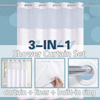 Conbo Mio No Hook Shower Curtain with Snap in Liner Set, Hotel Luxury White Fabric Shower Curtains for Bathroom with See Through Top Window, Washable, Waterproof 71W x 74H