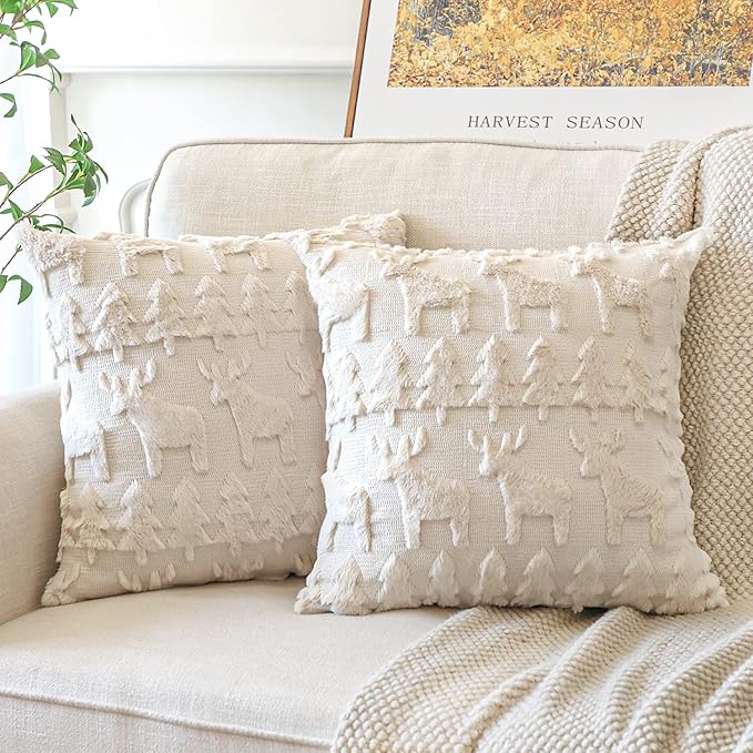 OTOSTAR Set of 2 Xmas Soft Plush Short Wool Velvet Decorative Throw Pillow Covers Square Luxury Style Cushion Case Pillow Shell for Sofa Bedroom Christmas Tree and Elk Cream Beige, 14x14 Inch