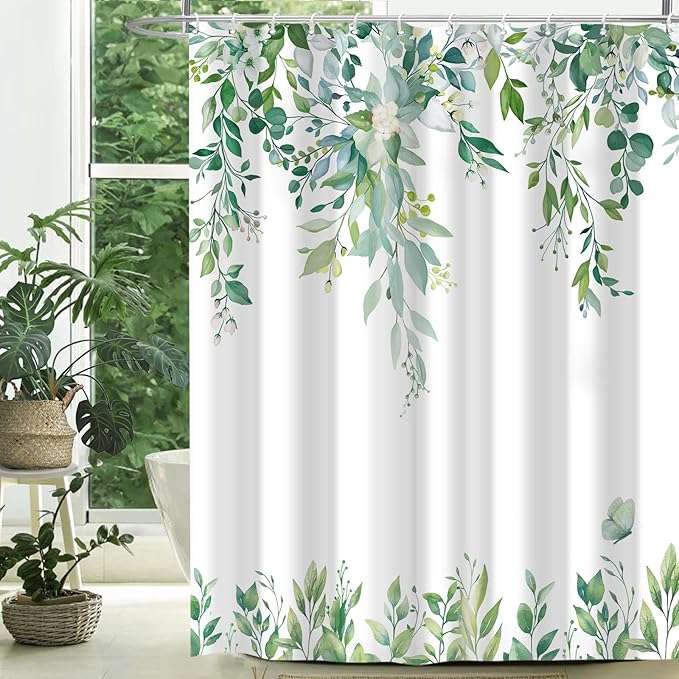 Eucalyptus Shower Curtain, Light Green Watercolor Leaves with Floral Botanical Bathroom Decor, Waterproof Fabric Bath Curtain Set with Hooks, 72x84 Inches