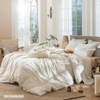 MooMee Striped Duvet Cover Set 100% Washed Cotton Linen Like Textured Breathable Durable Soft Comfy (Almond Milk Grey Classic Stripes, Queen 90"x90")