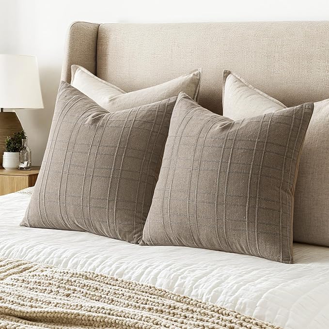 MIULEE Decorative Linen Check Throw Pillow Covers Neutral Farmhouse Vintage Pillow Covers 20x20 Set of 2 Boho Modern Winter Home Decor for Sofa Couch Bedroom Cushion Tan Taupe