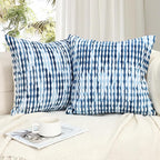 Boho Decorative Throw Pillow Covers 18x18 Inch, Chenille Tufted Pillow Cover Striped Textured Square Farmhouse Accent Pillowcase for Couch Sofa Bedroom Living Room, Blue White Stripe, 2 Pack