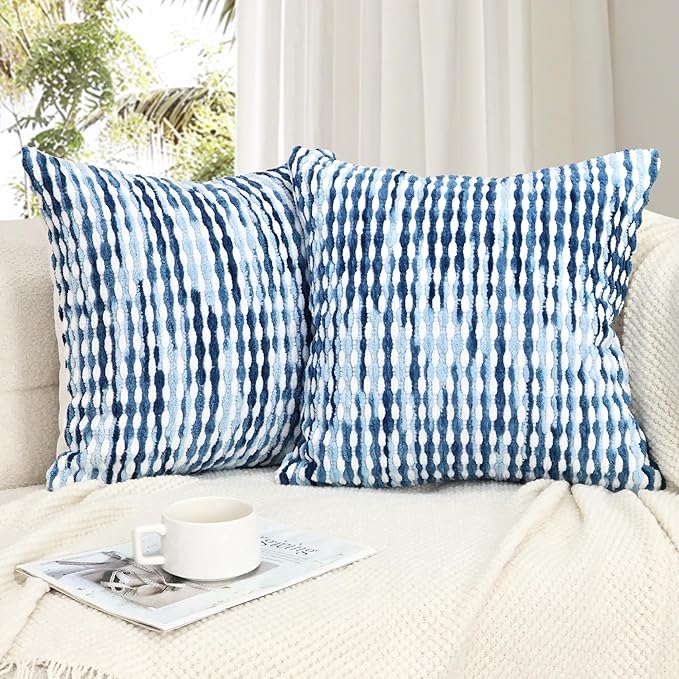 Boho Decorative Throw Pillow Covers 18x18 Inch, Chenille Tufted Pillow Cover Striped Textured Square Farmhouse Accent Pillowcase for Couch Sofa Bedroom Living Room, Blue White Stripe, 2 Pack