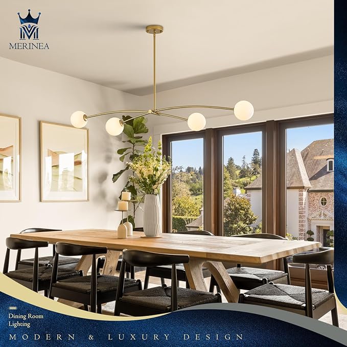 Modern Gold Sputnik Chandelier L51” Mid Century 4 Lights Milk Glass Globe Ceiling Pendant Light Fixture Contemporary for Kitchen Island Dining Room Bar Bedroom Home Office