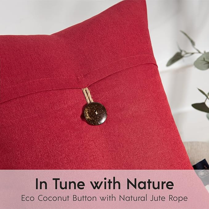 Phantoscope Pack of 2 Farmhouse Throw Pillow Covers Premium Coconut Button Vintage Linen Solid Decorative Pillow Cover for Couch Bed and Chair Red 18 x 18 inches 45 x 45 cm