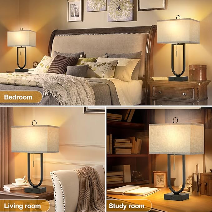 Luvkczc Nightstand Lamps Set of 2 with USB C+A Ports, 24'' Tall Table Lamp with Two 3000K LED Bulbs, Linen Lampshade, Modern Bedside Lamp for Living Room, Bedroom Reading,Grey