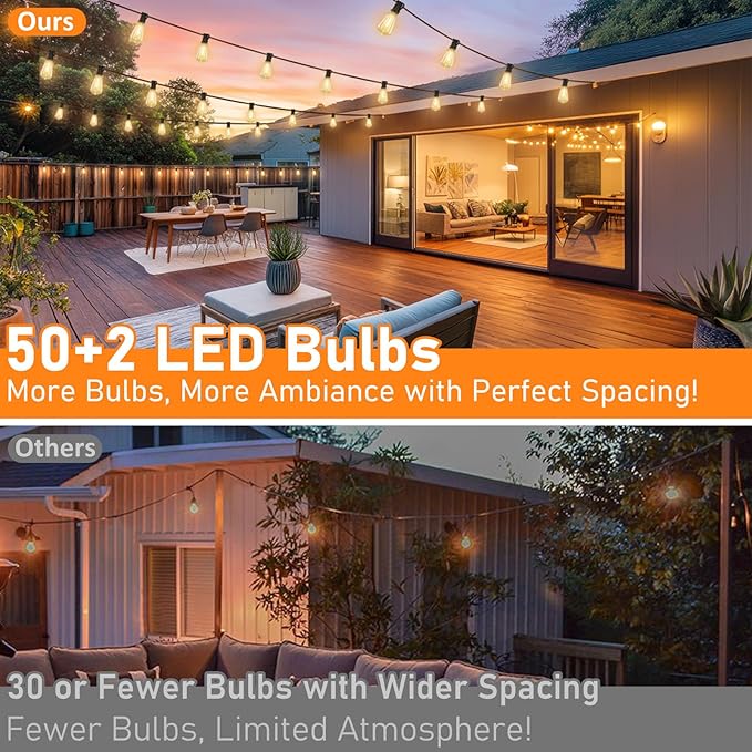Solar String Lights Outdoor Waterproof 100FT with Remote and 52 ST38 LED Shatterproof Edison Bulbs, Timer, Dimmable Solar Patio String Lights with USB Charging for Backyard, Garden, Camping, Weddings