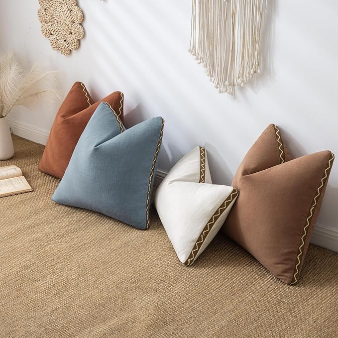 Decorative Neutral Linen Throw Pillow Covers 12x20 Inch Set of 2, Terracotta Boho Farmhouse Pillow Covers with Braid Fringe for Sofa Bed Modern Couch Pillow Cases for Organic Home Decor
