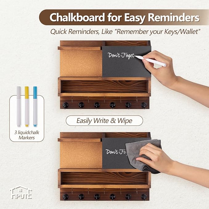 Key Holder for Wall Mount with Mail Organizer, Farmhouse Key Holder for Wall with Shelf, Chalkboard&Corkboard, Entryway Organizer 11 Metal Hooks, Decorative Natural Pine Wood, 14.6*11.1*3.3”, A-Brown