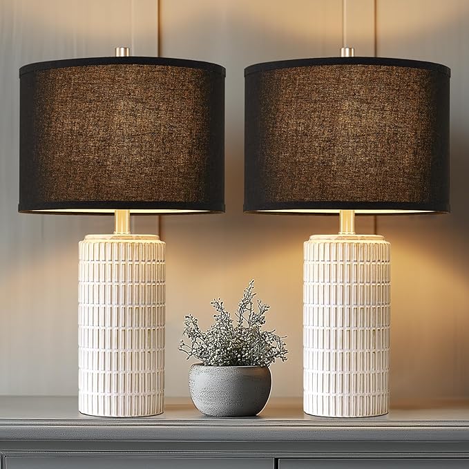 23'' Set of 2 Modern Ceramic Table Lamps, Minimalist Bedside Lamp, Rustic Nightstand End Table Lamp for Bedroom, Living Room, Study Room, Office, 2 LED Bulbs Included (Black)