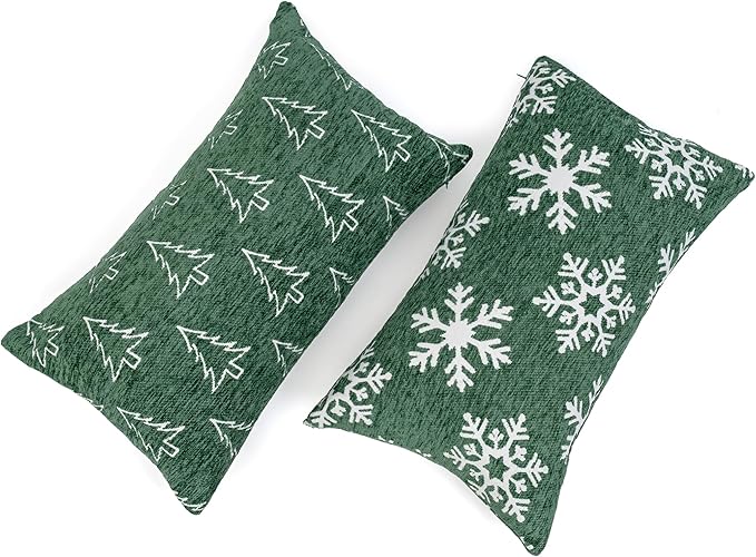2 Pack Soft Chenille Christmas Reversible Throw Pillow Covers 12x20, Holiday Double-Sided Snowflake & Tree Cushion Cases for Sofa Couch Living Room(Green,20x12)