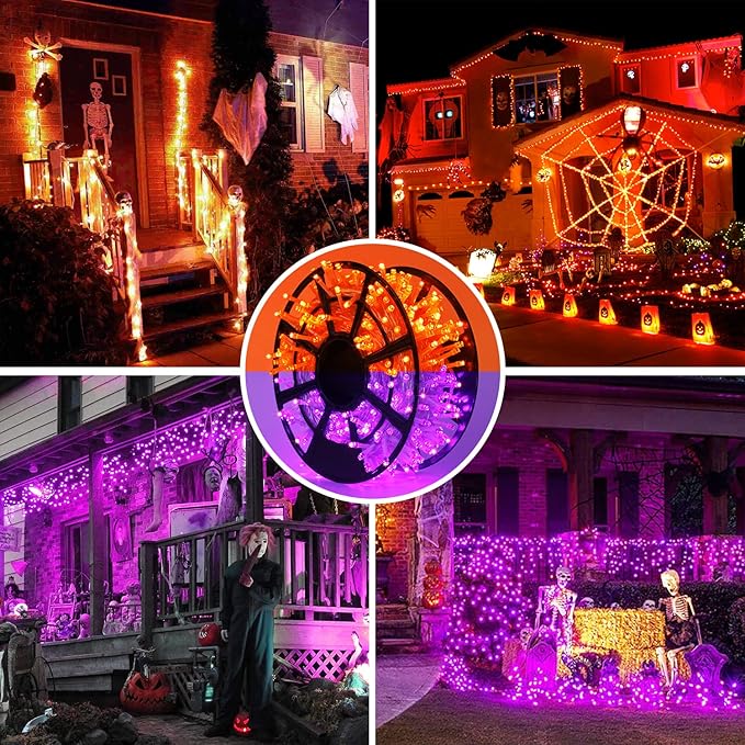 JMEXSUSS Christmas Lights, 8 Modes Waterproof Christmas Light Outdoor Plug in, Clear Wire String Lights Indoor Bedroom 500 LED Orange and Purple 163 FT
