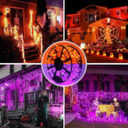 JMEXSUSS Christmas Lights, 8 Modes Waterproof Christmas Light Outdoor Plug in, Clear Wire String Lights Indoor Bedroom 500 LED Orange and Purple 163 FT