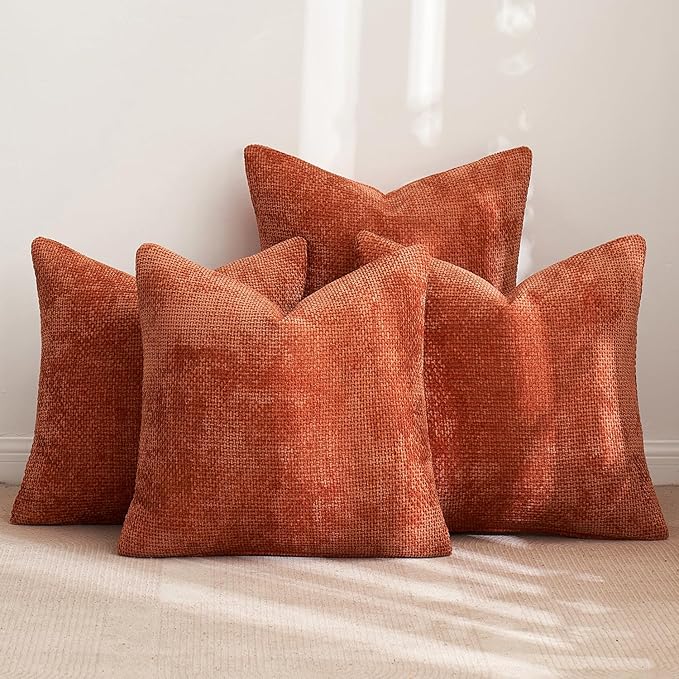 MIULEE Fall Pack of 4 Couch Throw Pillow Covers 18x18 Inch Burnt Orange Soft Decorative Chenille Pillow Covers Farmhouse Accent Cushion Covers for Boho Home Decor Sofa Bedroom Living Room