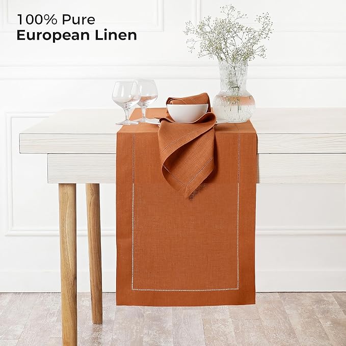 D'Moksha Homes Linen Rust Table Runner 72 Inches Long - 100% Pure Linen Hemstitch Table Runner 14 x 72 Inch for Dresser, Dining and Fall, Halloween - Classic Hemstitch