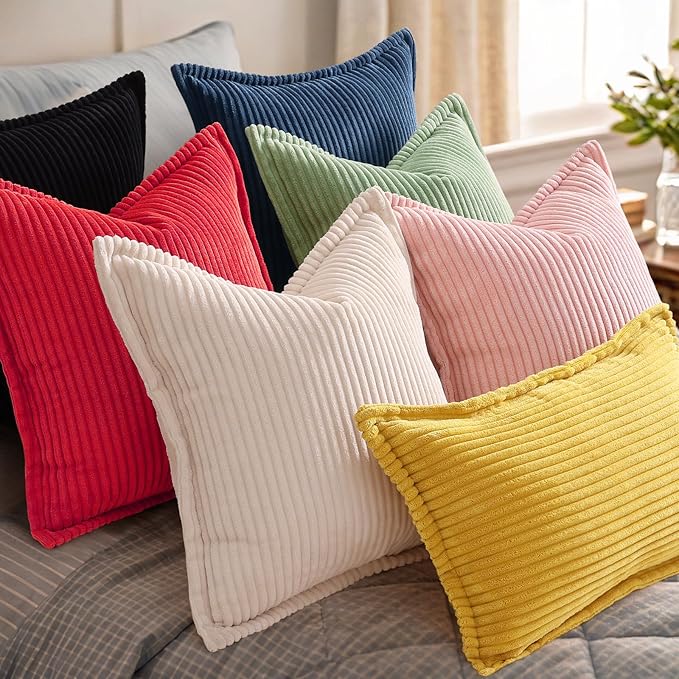 decorUhome Christmas Corduroy Red Throw Pillow Covers 18x18 Set of 2 Decorative Soft Boho Farmhouse Euro Couch Pillow Covers for Living Room Bed Sofa Broadside Striped Pillow Cases