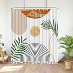 Boho Mid Century Leaf Shower Curtain Set,Arch Sun Design,Minimalistic Leaves Pattern,Waterproof and Luxurious Fabric-12 Hooks(White-72" x 72")