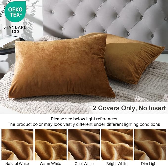 PHF Super Soft Velvet Pillowcases King Size, No Insert, 2 Pack Luxury Cozy Warm Pillow Shams Covers with Envelope Closure, 20" X 36" Cozy Fuzzy Flannel Pillow Case, Brownish Camel