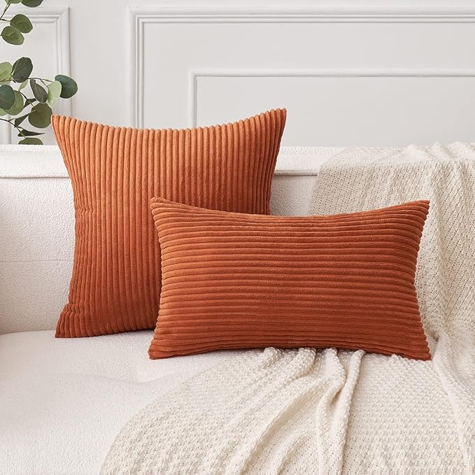 MIULEE Pack of 2 Rust Pillow Covers 12x20 Inch Soft Boho Striped Corduroy Throw Pillow Covers Set Decorative Square Cushion Cases Pillowcases for Sofa Bedroom Couch