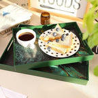 Set of 2 Green Marble Serving Trays with Handles, Plastic Nesting Trays for Coffee Table, Ottoman, Kitchen, Living Room, Outdoor, Patio, Large 15.7”*11.8”*1.6”, Small 13.7”*9.8”*1.4”